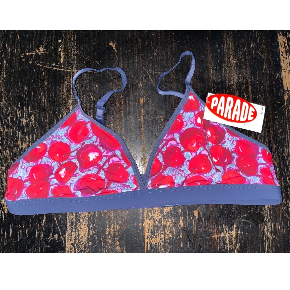 Parade Re Play Triangle Bralette WETCHERRIE Cherry Print Mesh Bra Purple Red M